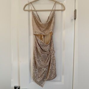 Selfie Leslie Cowl Neck Twist Feature Mini Dress Sequin in Champagne